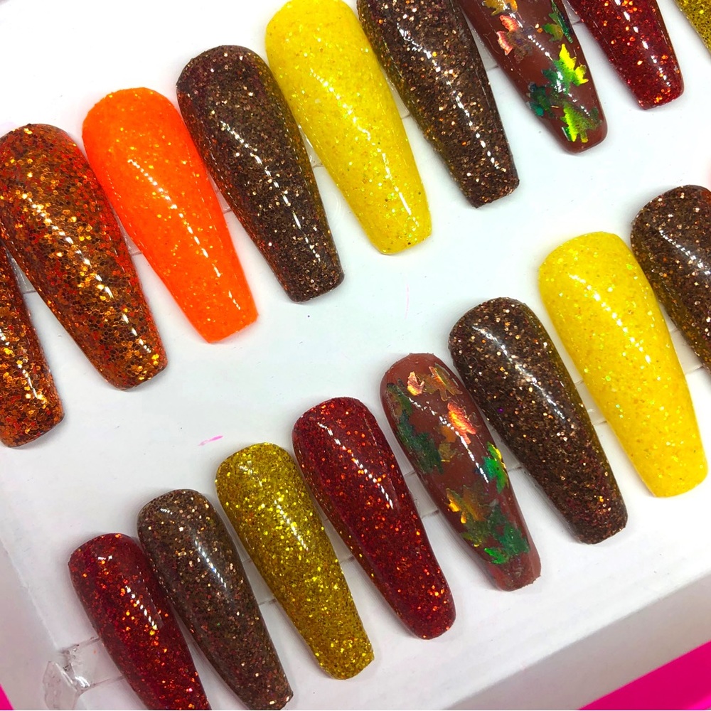 Handmade Custom Press on Nails Long Coffin UV Gel Glitter Metallic Fall Leaves - Picture 8 of 10